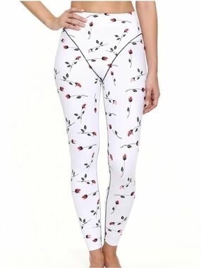 Adam Selman Sport White Floral High-Waist Leggings with Red Rose Buds | Size Med